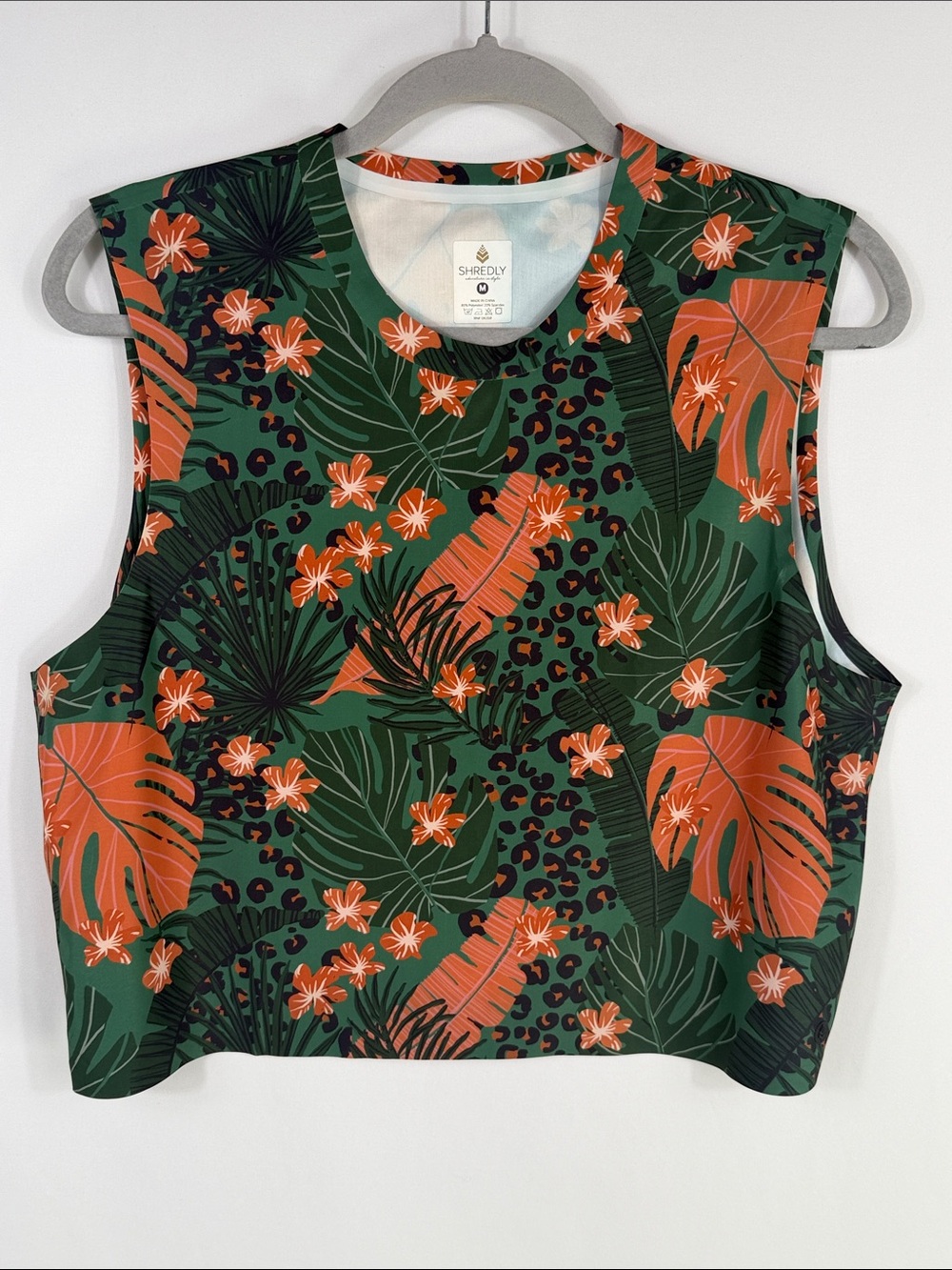 Shredly Tropical Green & Orange Floral Cycling Tank. Womens Size M. Elastic trim